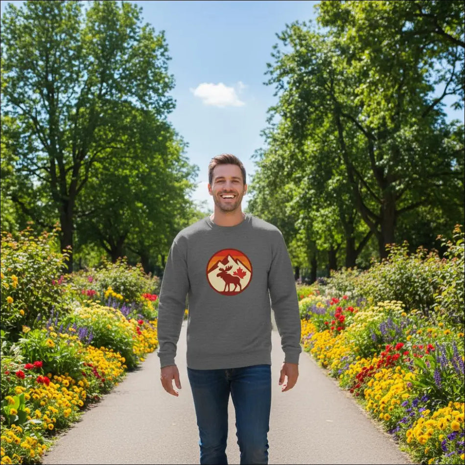 Gray KPAP sweatshirt with moose, mountains, maple leaf design