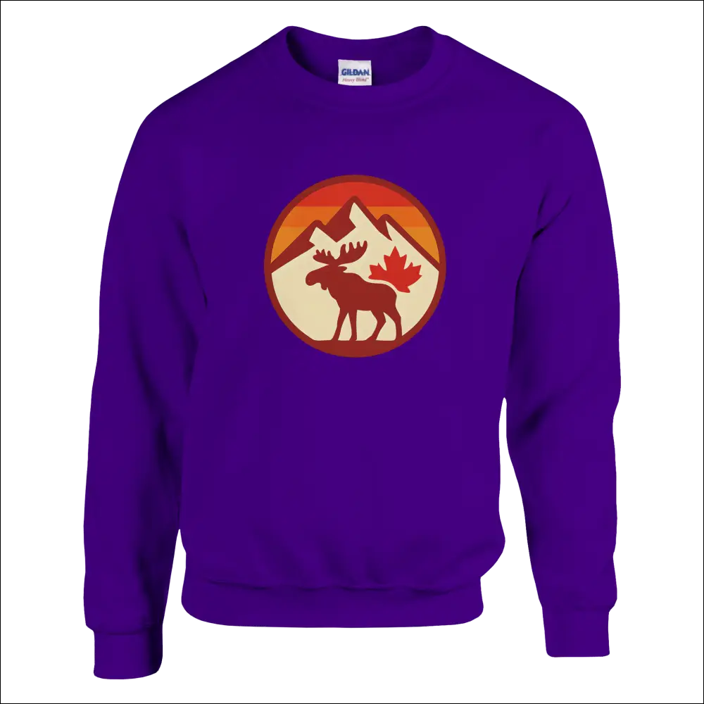 Purple KPAP sweatshirt with moose, maple leaf, mountains, orange sunset