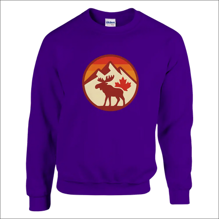 Purple KPAP sweatshirt with moose, maple leaf, mountains, orange sunset