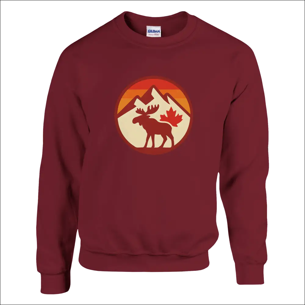 Maroon KPAP sweatshirt with moose, maple leaf, mountains, sunset design