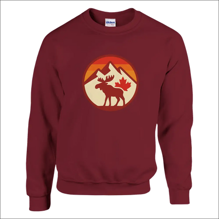 Maroon KPAP sweatshirt with moose, maple leaf, mountains, sunset design