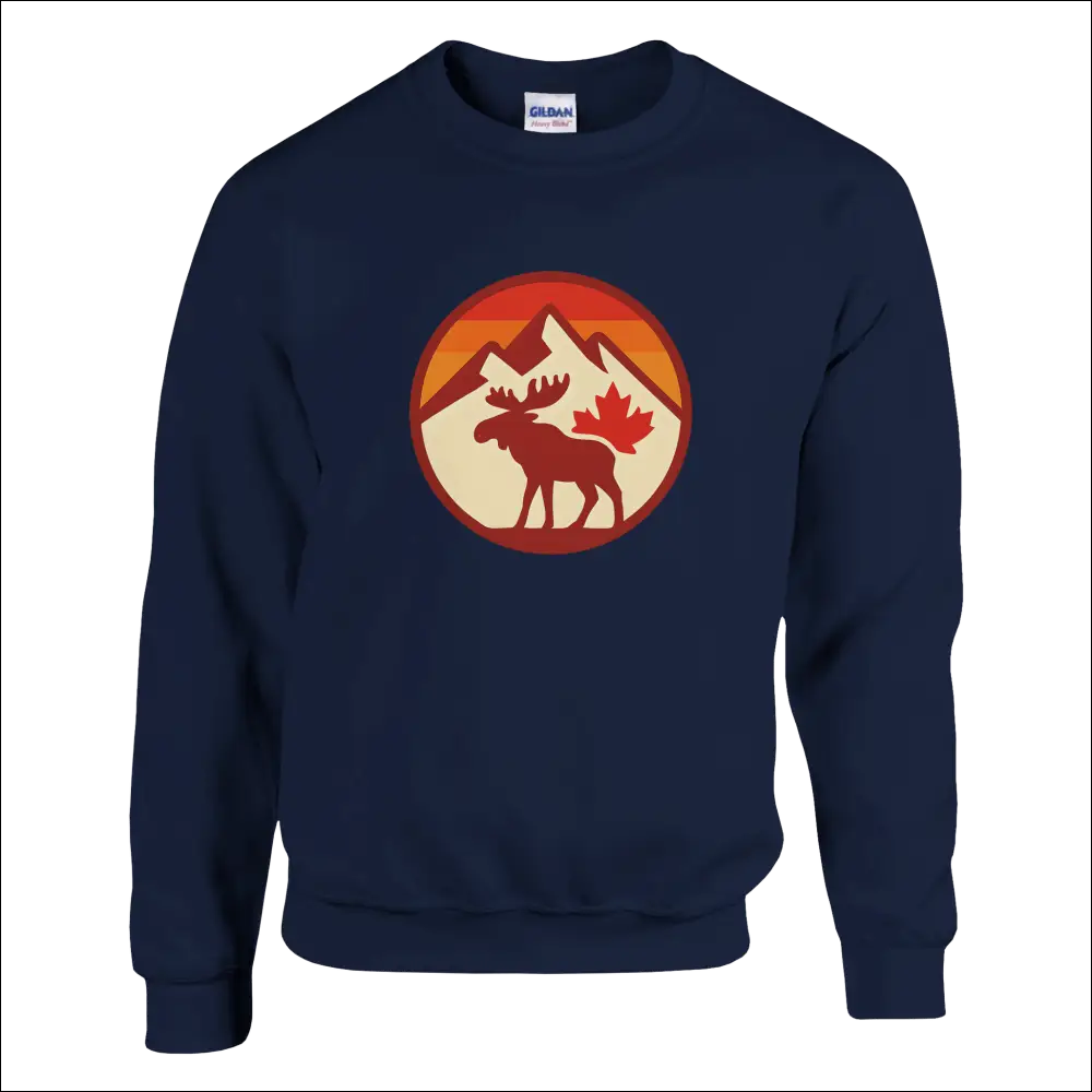 Navy blue KPAP sweatshirt with moose, maple leaf, and mountain design