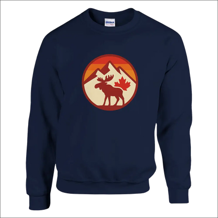Navy blue KPAP sweatshirt with moose, maple leaf, and mountain design