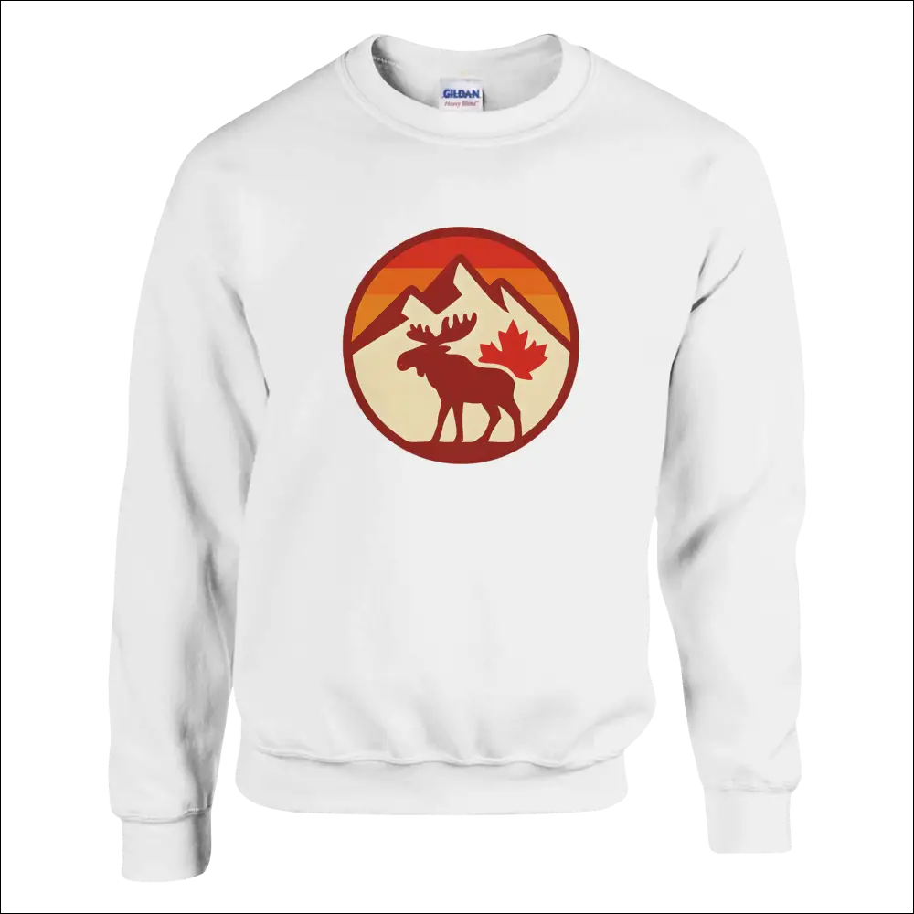 White KPAP crewneck sweatshirt with moose, maple leaf, and mountain design