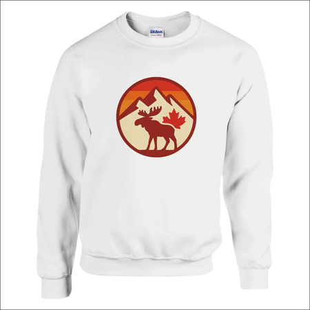 White KPAP crewneck sweatshirt with moose, maple leaf, and mountain design