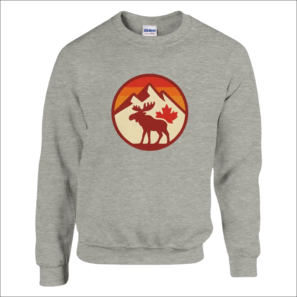 Gray heathered KPAP sweatshirt with moose, maple leaf, and mountain design