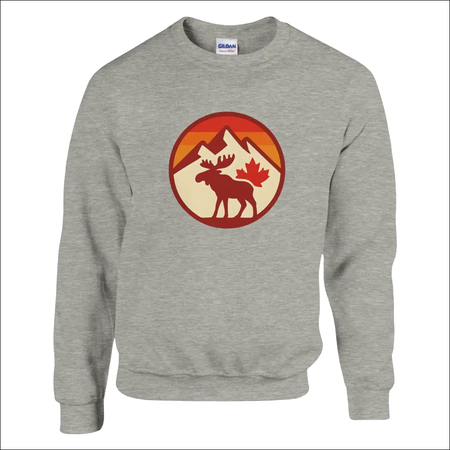 Gray heathered KPAP sweatshirt with moose, maple leaf, and mountain design