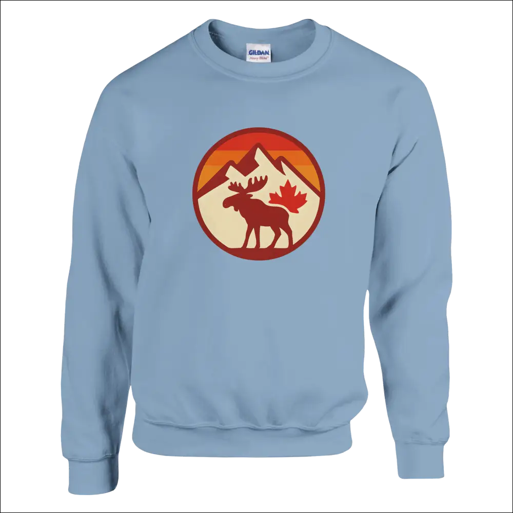 Light blue KPAP Original sweatshirt with moose, mountains, and maple leaf design