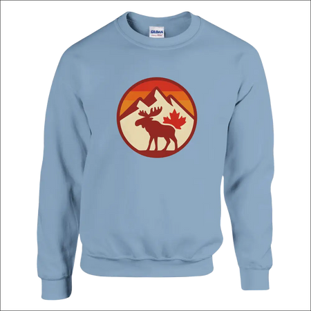 Light blue KPAP Original sweatshirt with moose, mountains, and maple leaf design