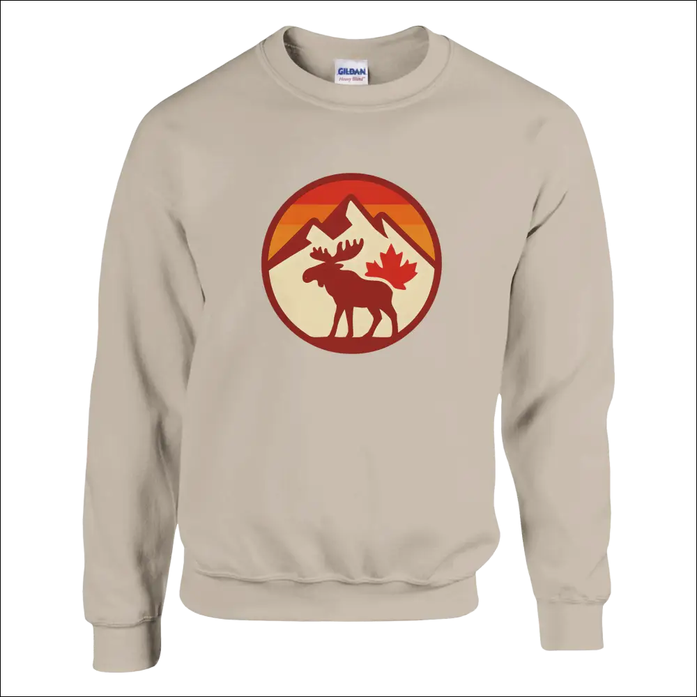 Beige KPAP sweatshirt with red moose, maple leaf, and mountain design