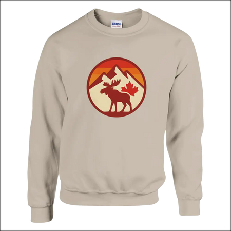 Beige KPAP sweatshirt with red moose, maple leaf, and mountain design