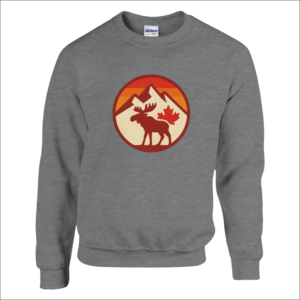 Gray heathered KPAP sweatshirt with moose, mountains, and red maple leaf design