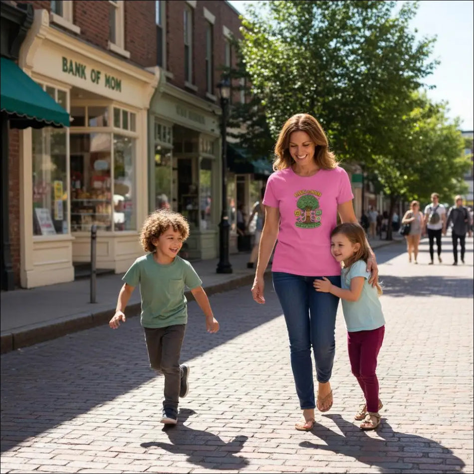 Pink short-sleeved ladies t-shirt with green yellow tree graphic and Bank of Mom text