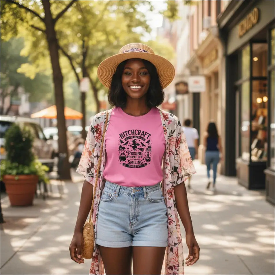 Pink ladies t-shirt with witchy bitchcraft design and text