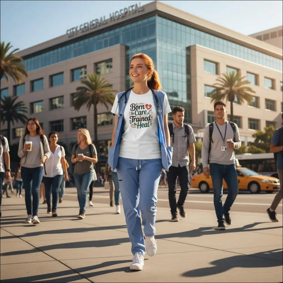 Ladies white t-shirt with born to care trained to heal text and red heart