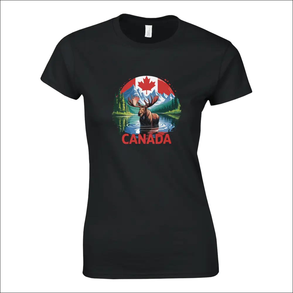 Black women’s Canada moose and mountains t-shirt