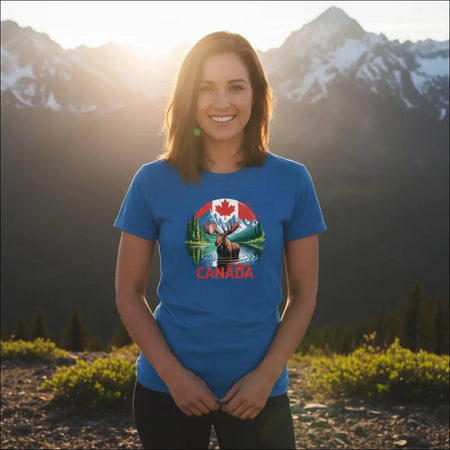 Ladies blue cotton t-shirt with Canada moose and mountains graphic