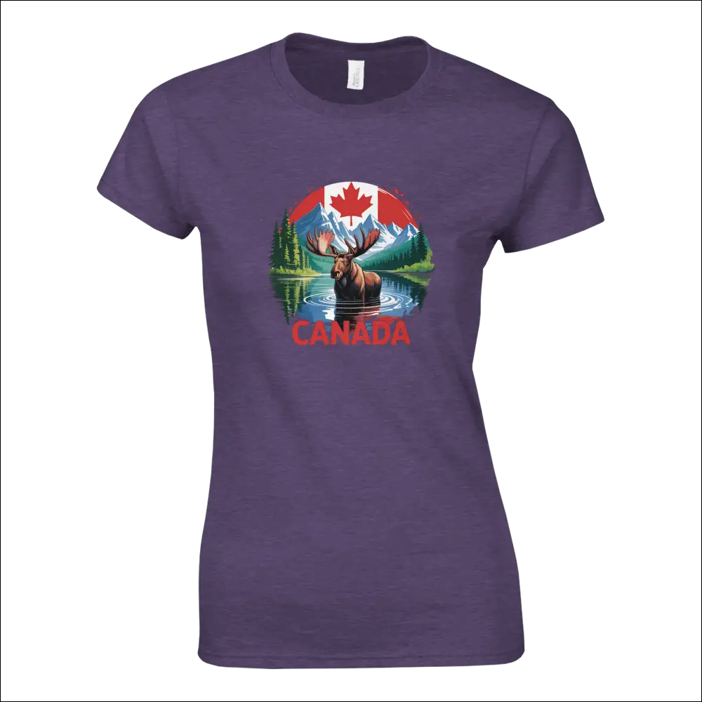 Purple ladies t-shirt with Canada moose, mountains and flag design