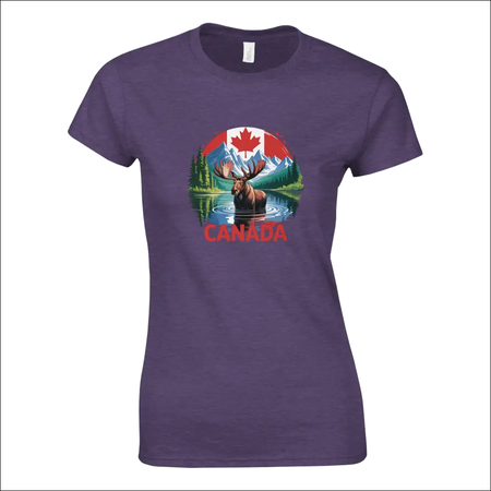 Purple ladies t-shirt with Canada moose, mountains and flag design