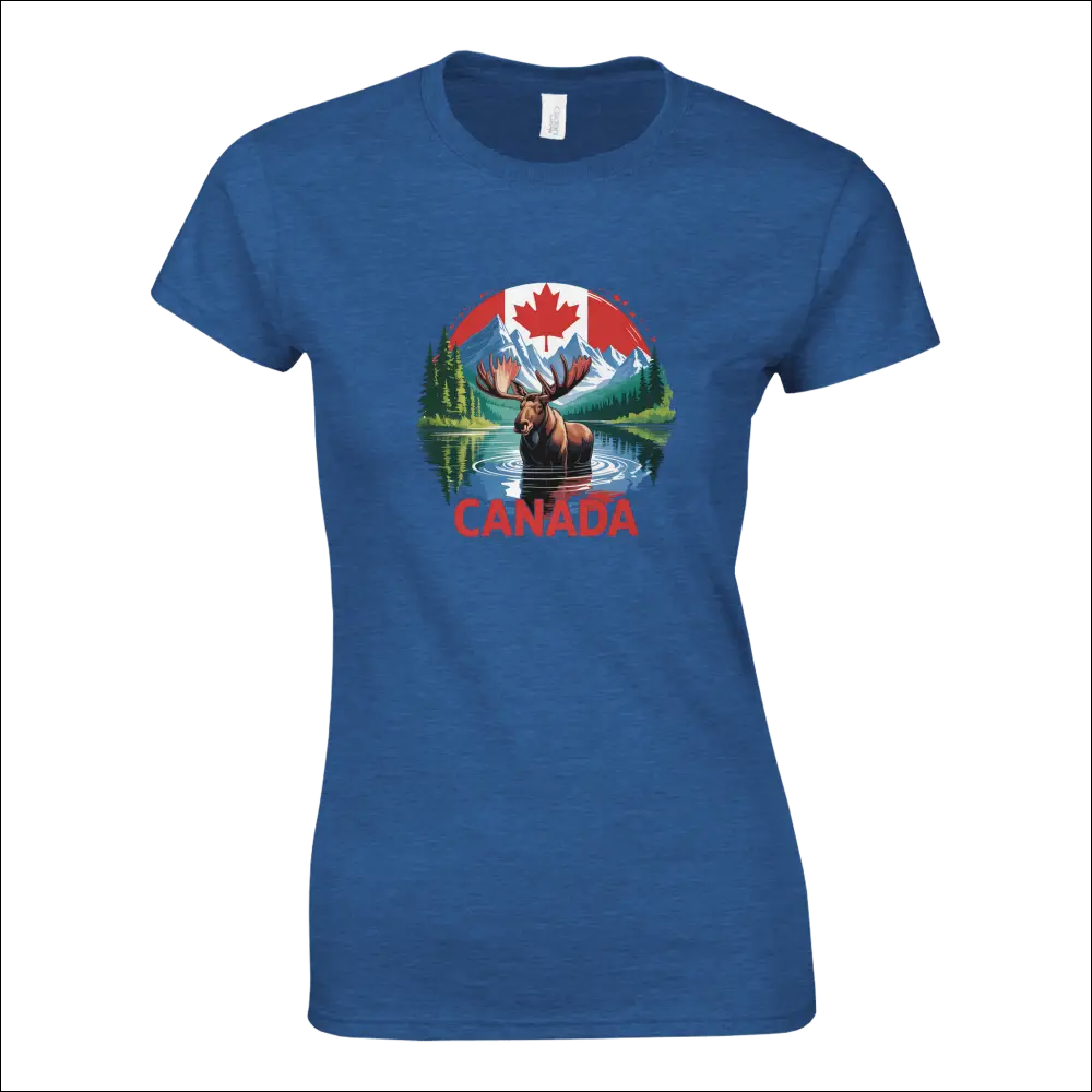 Royal blue ladies t-shirt with Canada moose, mountains and flag graphic
