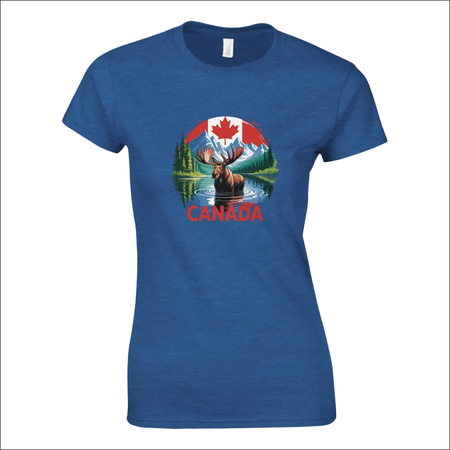 Royal blue ladies t-shirt with Canada moose, mountains and flag graphic