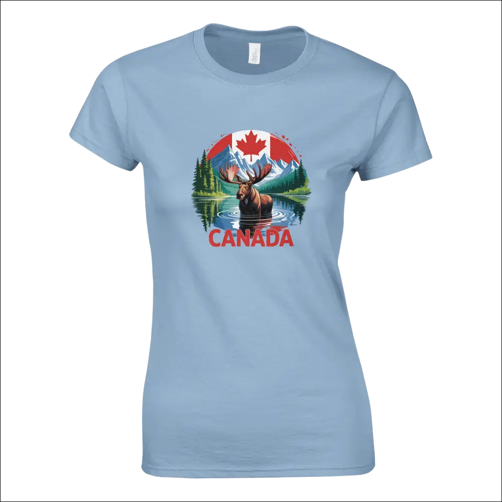 Light blue ladies t-shirt with Canada moose, mountains and flag graphic