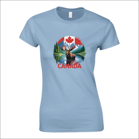 Light blue ladies t-shirt with Canada moose, mountains and flag graphic