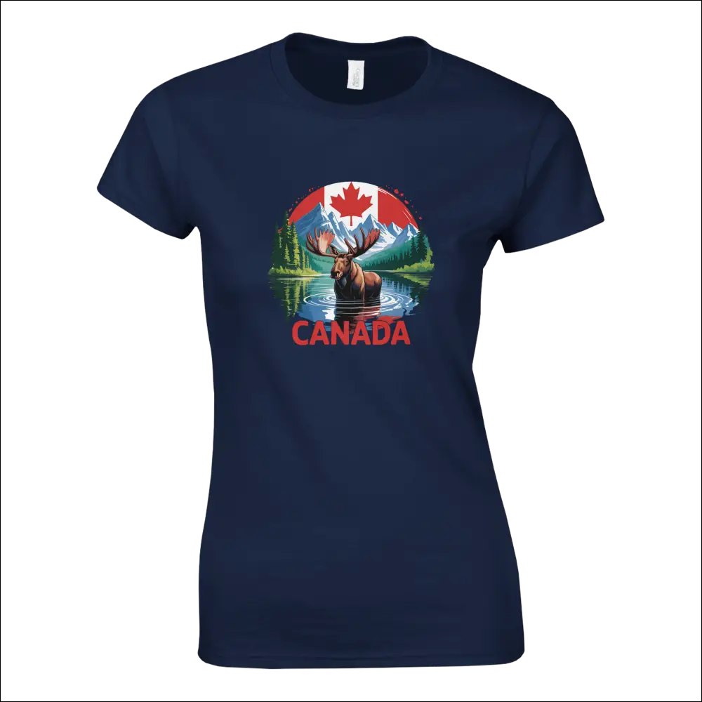 Navy blue ladies t-shirt with Canada moose, mountains, and flag graphic