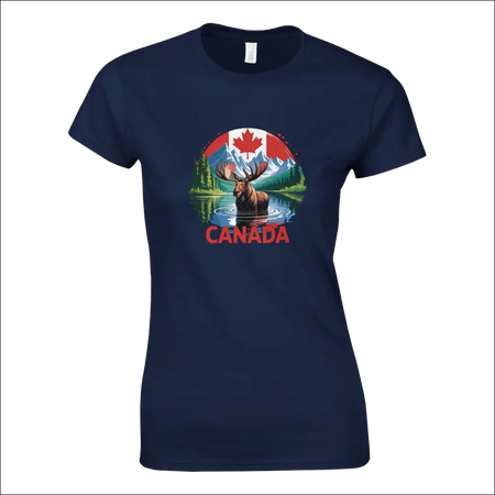 Navy blue ladies t-shirt with Canada moose, mountains, and flag graphic