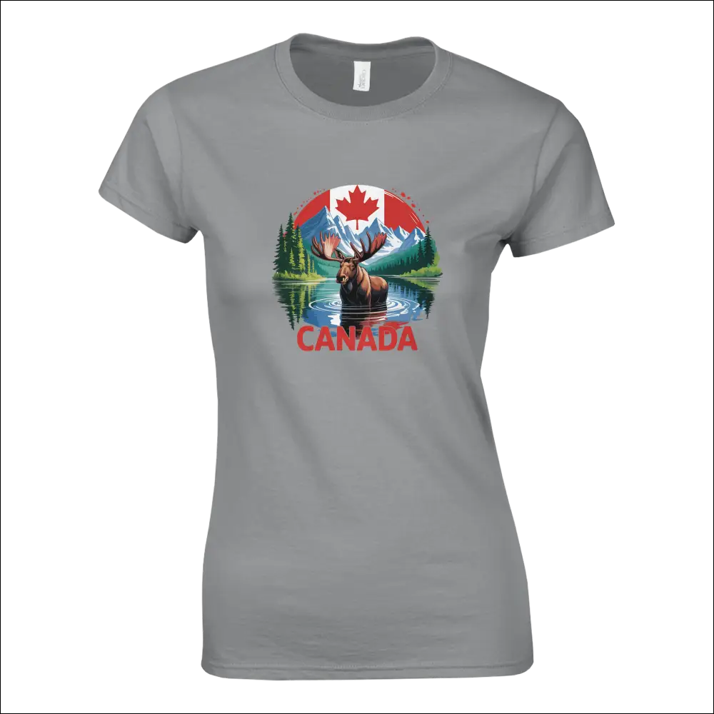 Gray ladies t-shirt with Canada moose, mountains, flag graphic