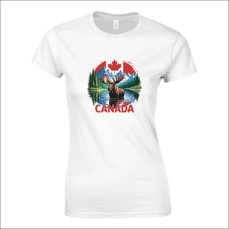 Ladies white cotton t-shirt with colorful Canada moose and mountains graphic