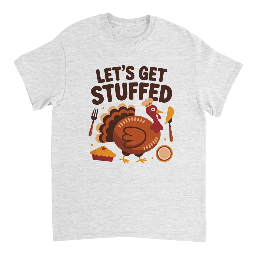 White cotton Let’s Get Stuffed Thanksgiving t-shirt with cartoon turkey