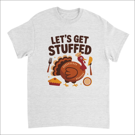 White cotton Let’s Get Stuffed Thanksgiving t-shirt with cartoon turkey