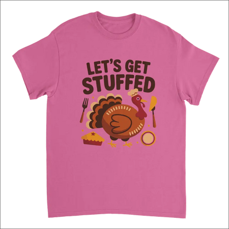 Pink short-sleeved t-shirt with cartoon turkey, Thanksgiving graphics, and Lets Get Stuffed text