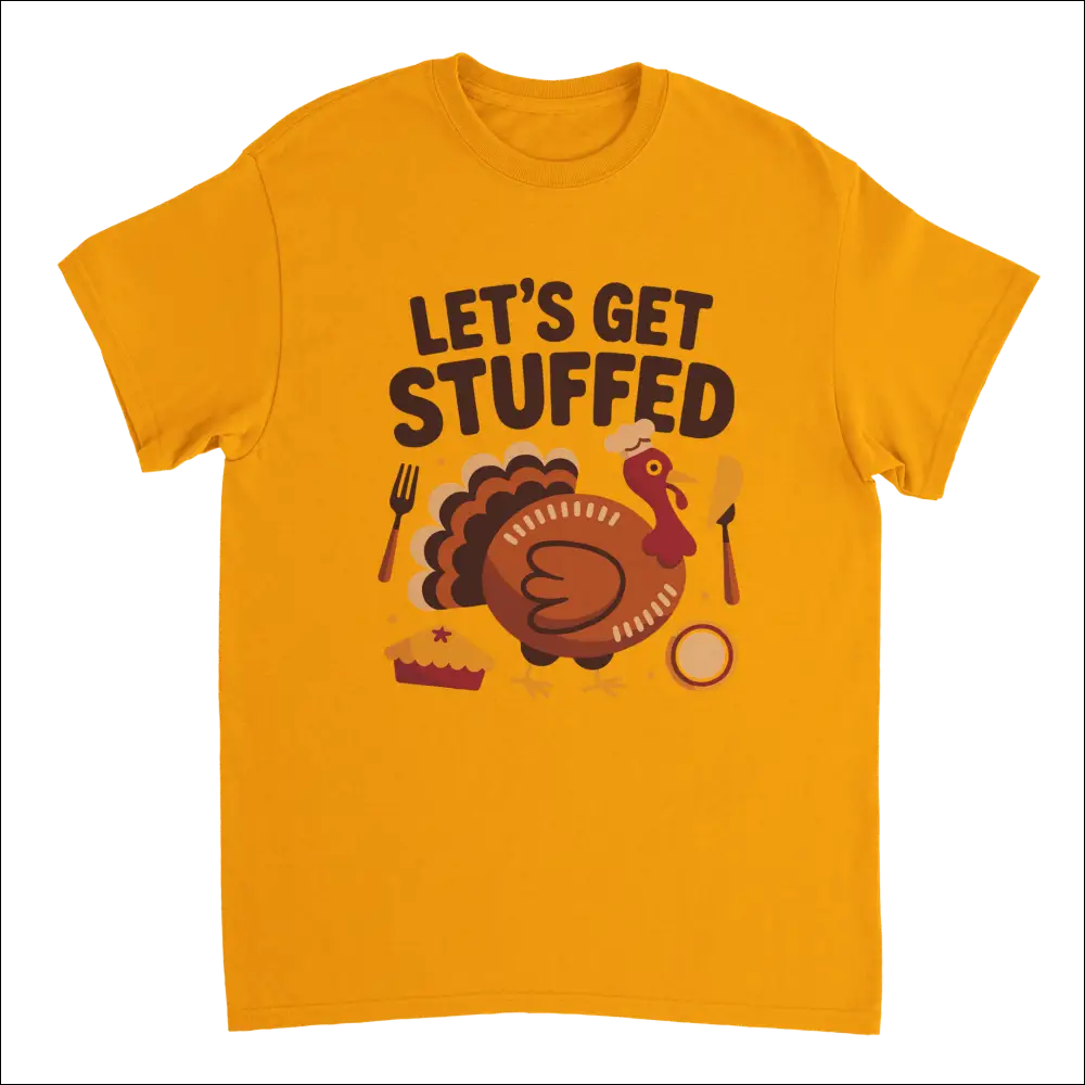 Vibrant orange Let’s Get Stuffed Thanksgiving t-shirt with cartoon turkey