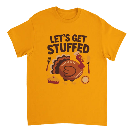 Vibrant orange Let’s Get Stuffed Thanksgiving t-shirt with cartoon turkey