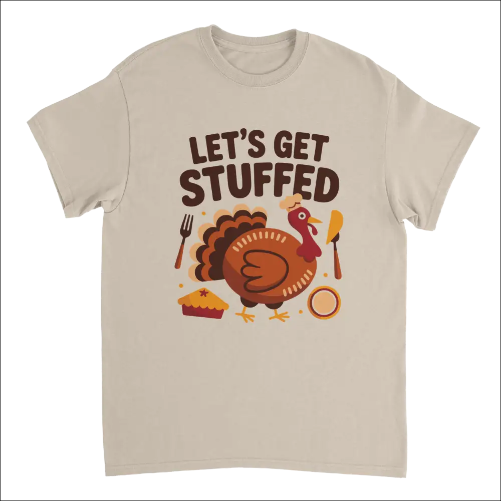Beige short-sleeved Lets Get Stuffed Thanksgiving t-shirt with cartoon turkey
