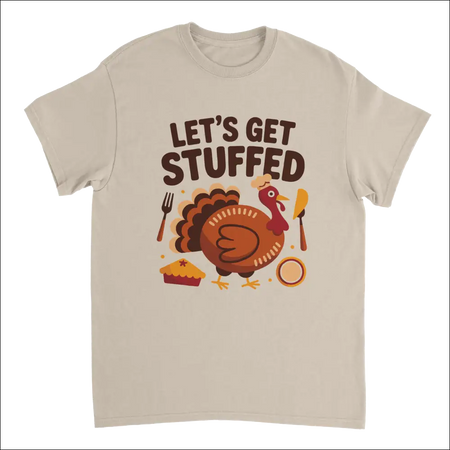 Beige short-sleeved Lets Get Stuffed Thanksgiving t-shirt with cartoon turkey