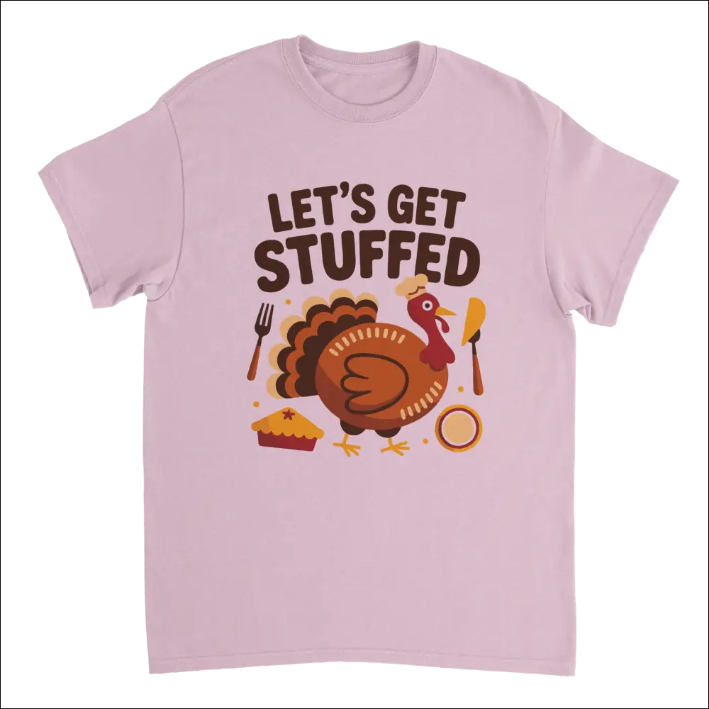Lavender short-sleeved Let’s Get Stuffed Thanksgiving tee with turkey graphic