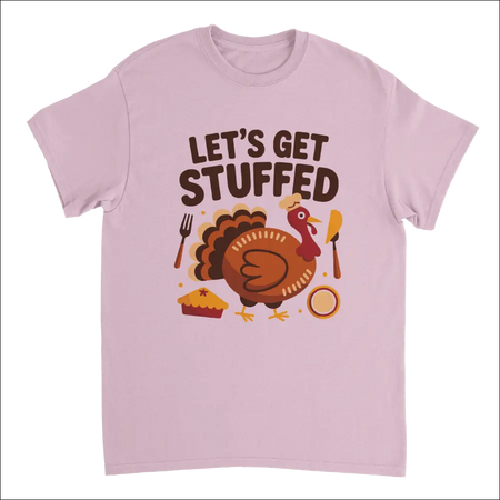 Lavender short-sleeved Let’s Get Stuffed Thanksgiving tee with turkey graphic