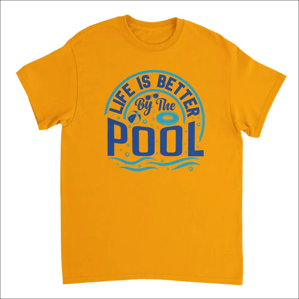 Vibrant yellow Life is Better by the Pool t-shirt with bold blue graphic