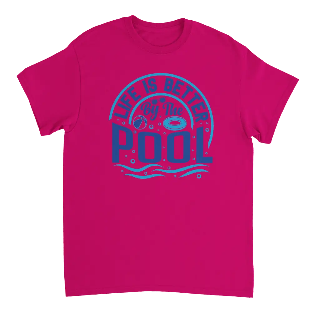 Vibrant fuchsia Life is Better by the Pool T-shirt with bold blue graphic