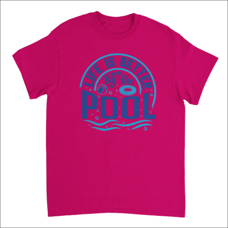 Vibrant fuchsia Life is Better by the Pool T-shirt with bold blue graphic