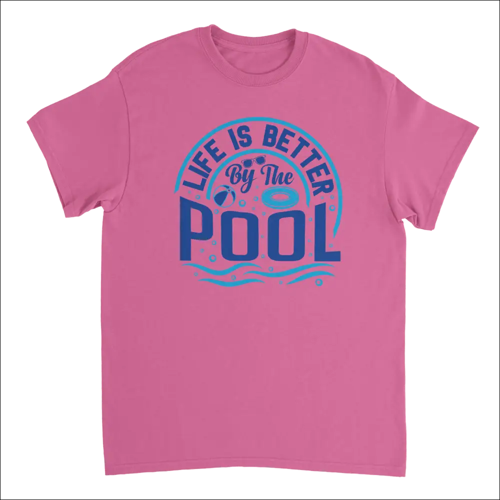 Pink short-sleeved Life is Better by the Pool T-shirt with blue graphic