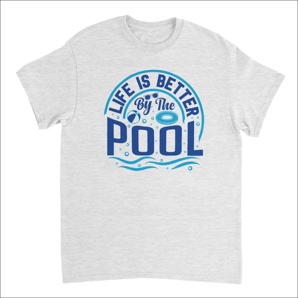 White cotton Life is Better by the Pool T-shirt with blue graphic, sunglasses, beach ball, waves