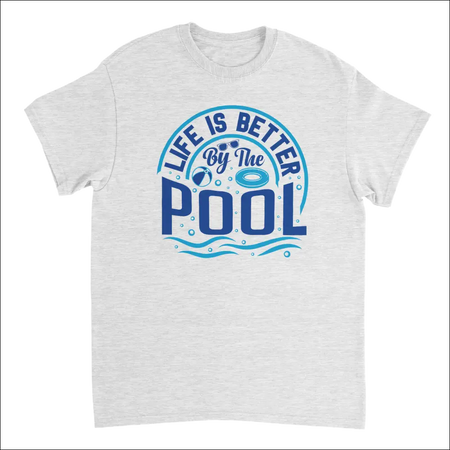 White cotton Life is Better by the Pool T-shirt with blue graphic, sunglasses, beach ball, waves