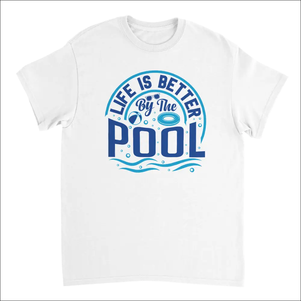 White cotton Life is Better by the Pool T-shirt with blue graphic and summer icons