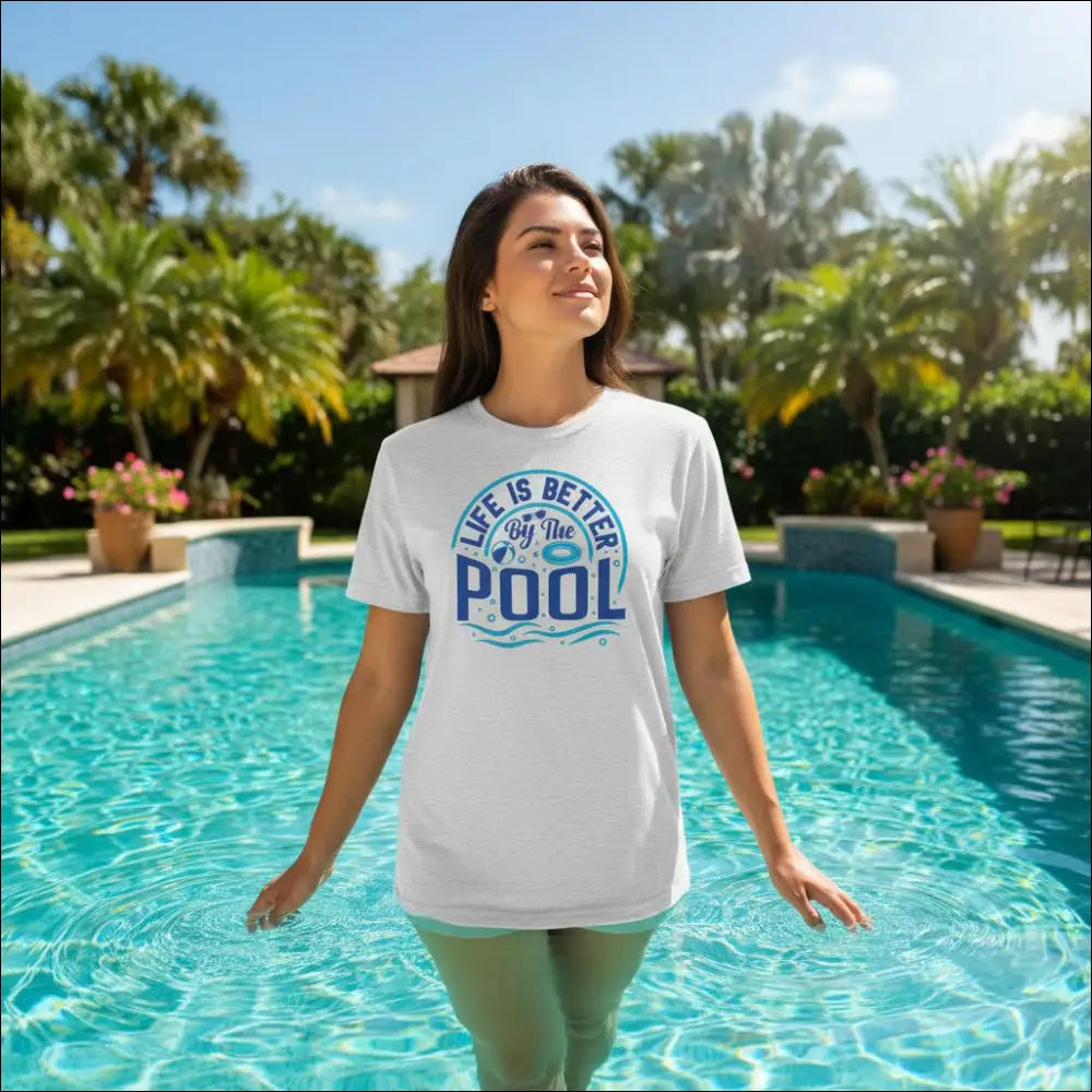 White cotton Life is Better by the Pool t-shirt with blue teal print