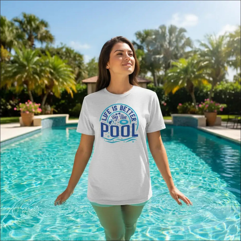 White cotton Life is Better by the Pool t-shirt with blue teal print
