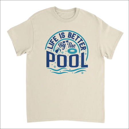 Cream-colored Life is Better by the Pool T-shirt with blue teal graphic